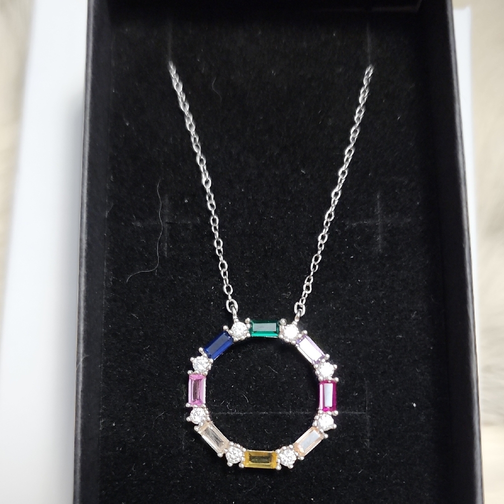 Brand New Sterling Silver S925 Rainbow Cubic Zirconia Circle Pendant Necklace
